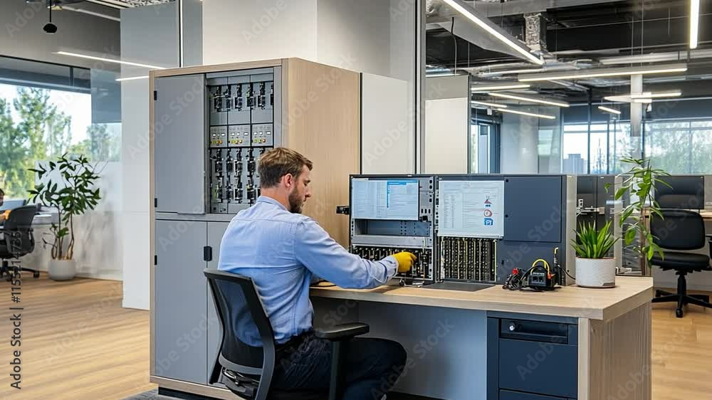 Network engineer installing hardware in server rack