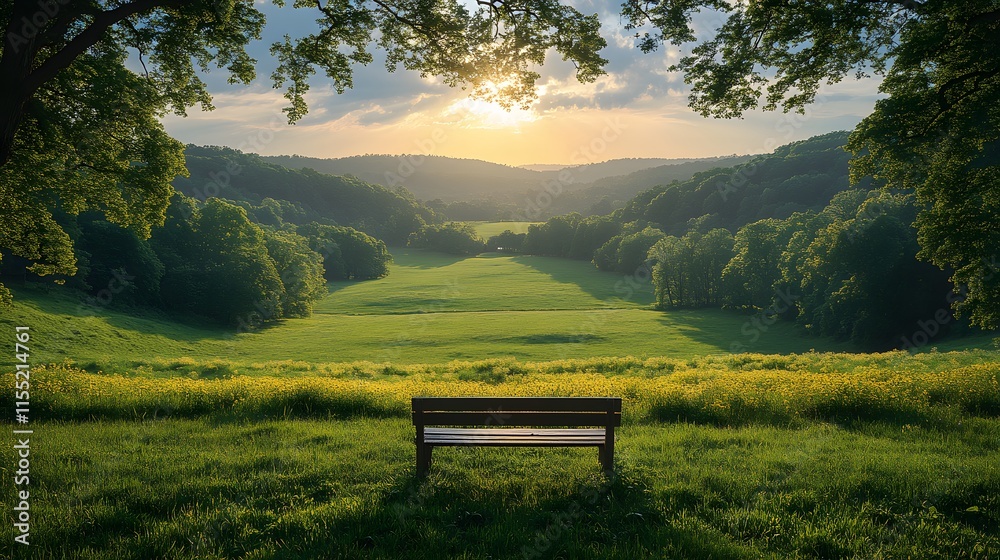 A peaceful meditation spot overlooking a verdant valley bathed in spring light A peaceful meditation spot overlooking a verdant valley bathed in spring light