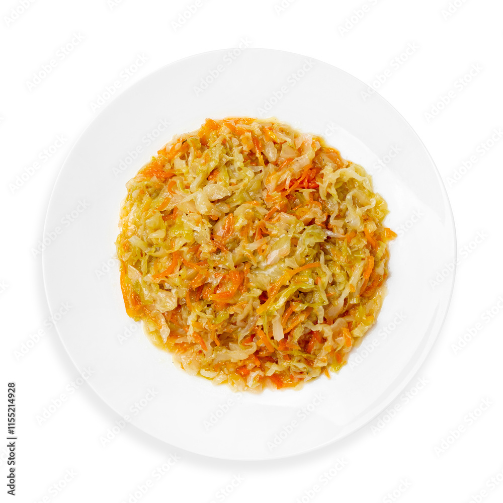 Stewed cabbage, on a white background, isolated. Top view. Stewed cabbage, on a white background, isolated. Top view.