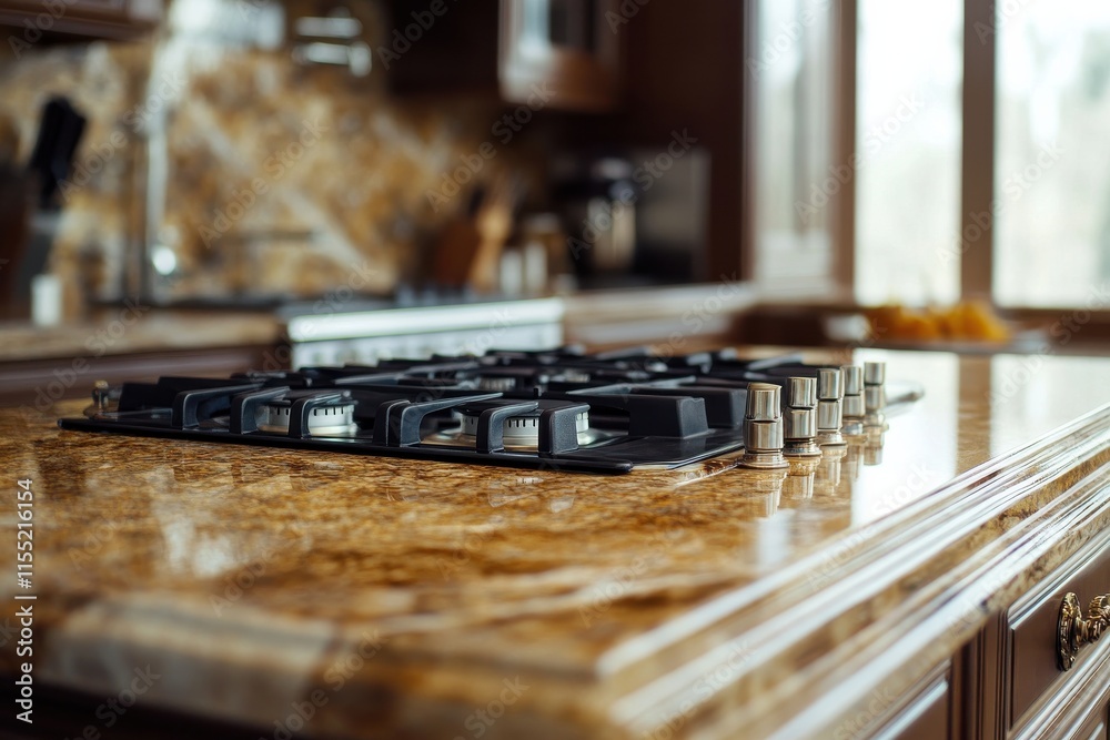 Modern gas cooktop on a luxurious kitchen countertop. Modern gas cooktop on a luxurious kitchen countertop.