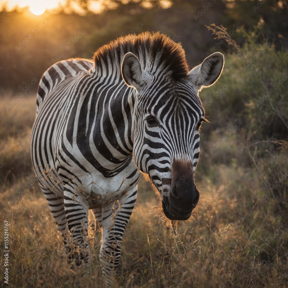 Fototapeta premium A zebra grazing on grass in an open woodland savanna under a pastel sunset.