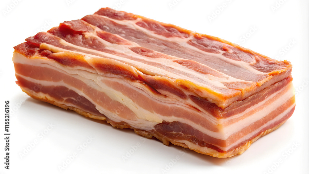 A thick piece of bacon on a white background. A thick piece of bacon on a white background.