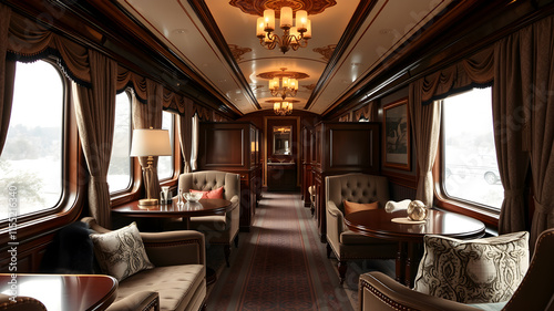 Luxury train lounge interior with velvet armchairs, wooden tables, and vintage decorative elements. Generative AI