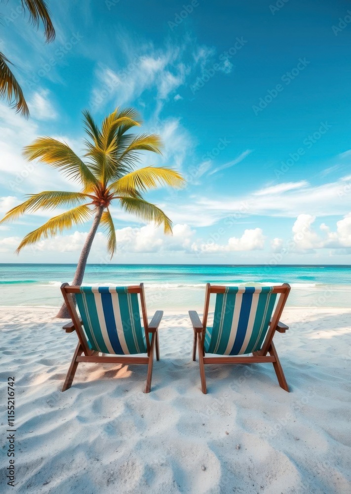  Beach chairs on sandy beach with palm and turquoise sea summer vacation and travel concept beach wallpaper summer wallpaper beach background tropical nature