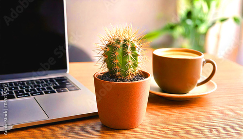 cactus decoration in a small pot and a cup of coffee on the desk next to laptop