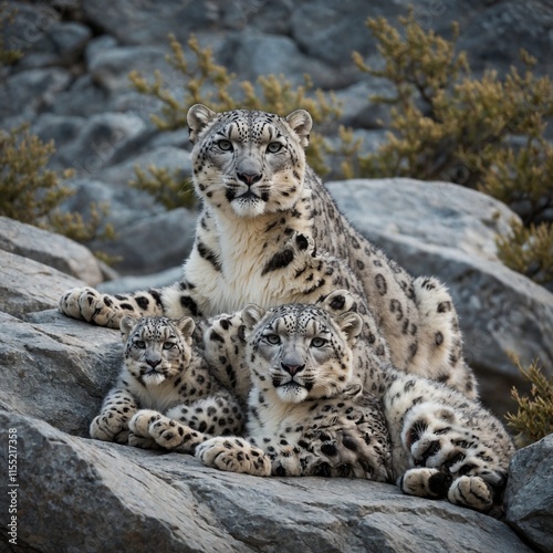 A snow leopard family relaxing on a rocky ledge.