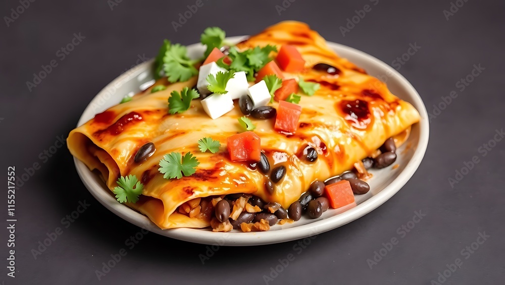 Mexican enchilada dish with sweet potatoes, corn, tomato salsa, black beans and cheese Mexican enchilada dish with sweet potatoes, corn, tomato salsa, black beans and cheese