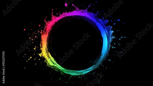 Vibrant rainbow liquid splash forming a circular frame on black background. photo