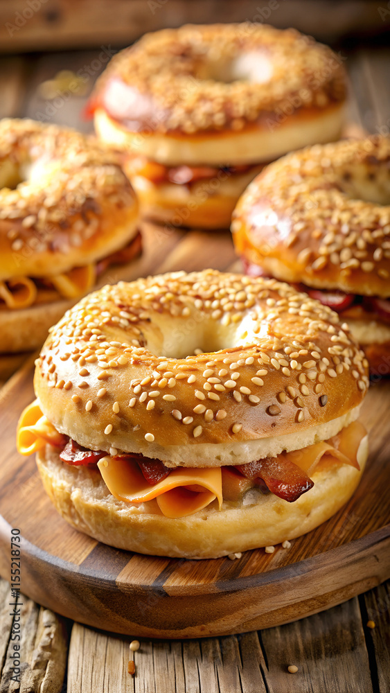 Bacon and cheese bagels topped with sesame seeds