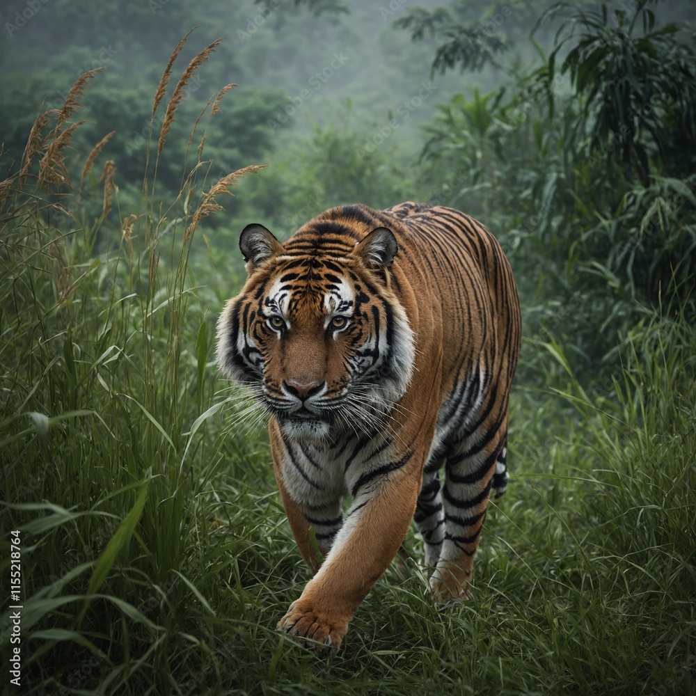 Fototapeta premium A tiger walking gracefully through tall grass with a misty jungle behind.