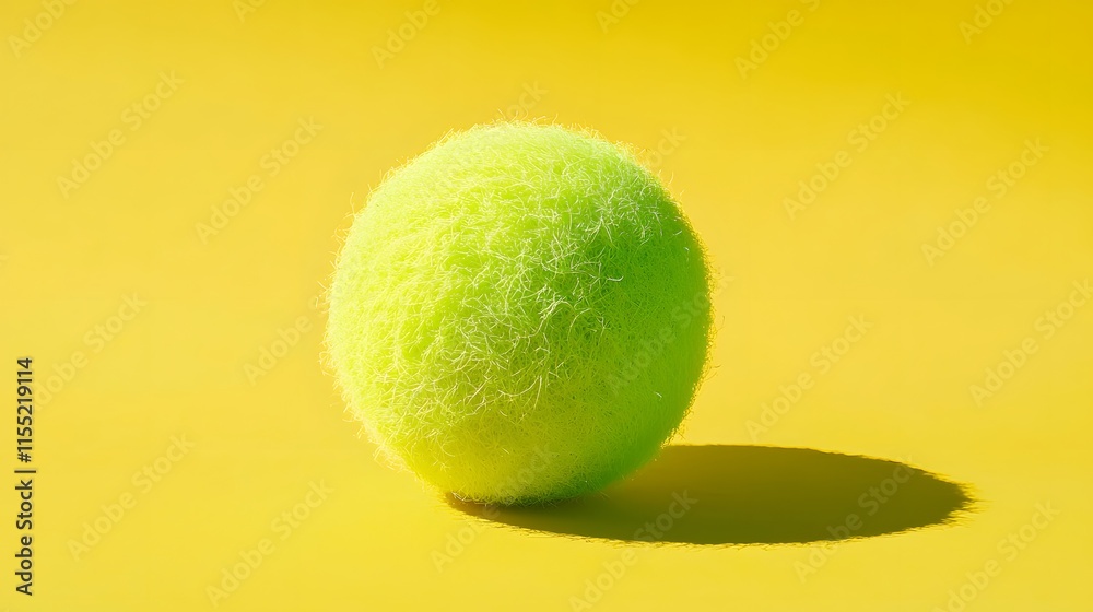 A fuzzy green tennis ball rests on yellow A fuzzy green tennis ball rests on yellow