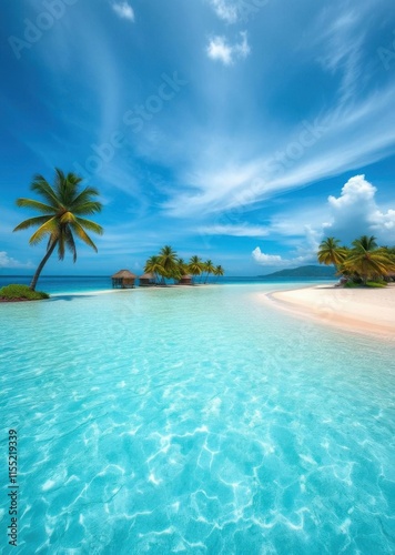 Tropical paradise, crystal clear turquoise water, white sandy beach, palm tree, small island, azure sky, wispy clouds, sunny day, infinity pool, resort getaway, Caribbean scenery, idyllic coastline, t