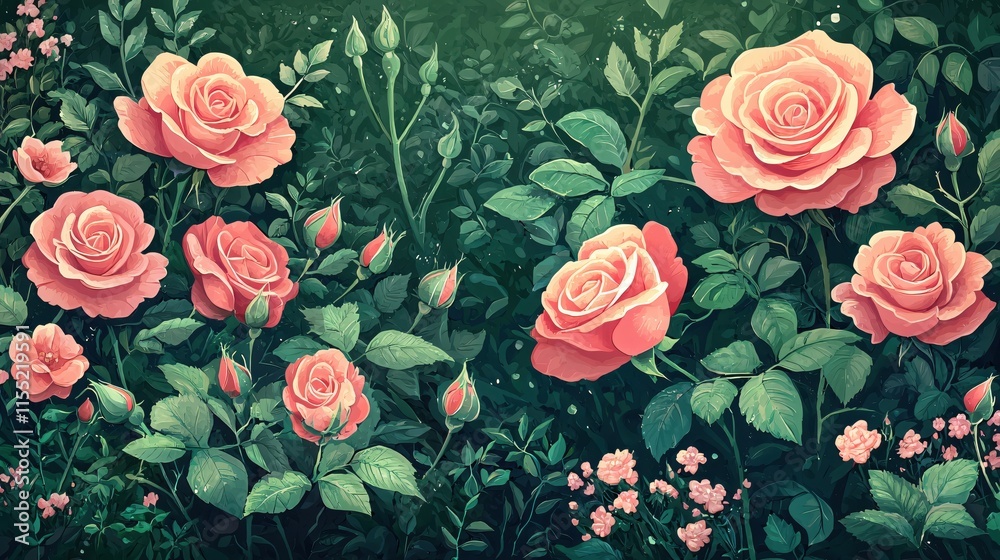 Elegant Pink Roses with Lush Greenery and Delicate Buds Elegant Pink Roses with Lush Greenery and Delicate Buds