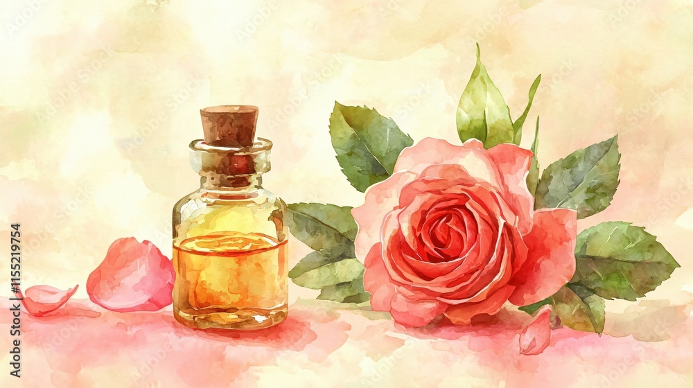 Elegant Rose and Perfume Bottle in Soft Watercolor Style Elegant Rose and Perfume Bottle in Soft Watercolor Style