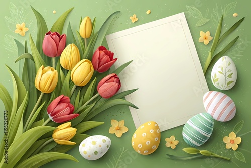 Easter greeting card and white paper, decorated with Easter eggs and tulips, green background