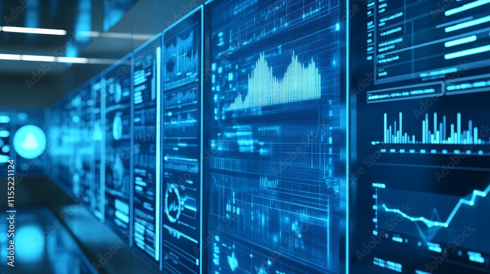 A digital display showcasing data analytics and visualizations in a high-tech environment. A digital display showcasing data analytics and visualizations in a high-tech environment.