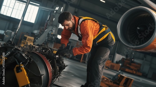 A man is working on an airplane engine. The man is wearing a yellow safety vest. The engine is in a hangar