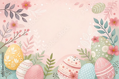 Pink background surrounded by beautiful patterned eggs and flowers. Designed for Easter.