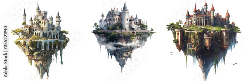 set of A Floating castle illustration, open world game destination, PNG format Transparent Background photo