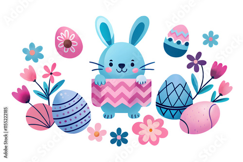 Easter theme design in cartoon style. The main character is a friendly rabbit holding a basket, cheerful pose, surrounded by Easter eggs and flowers elements. The color tone is bright and spring like.