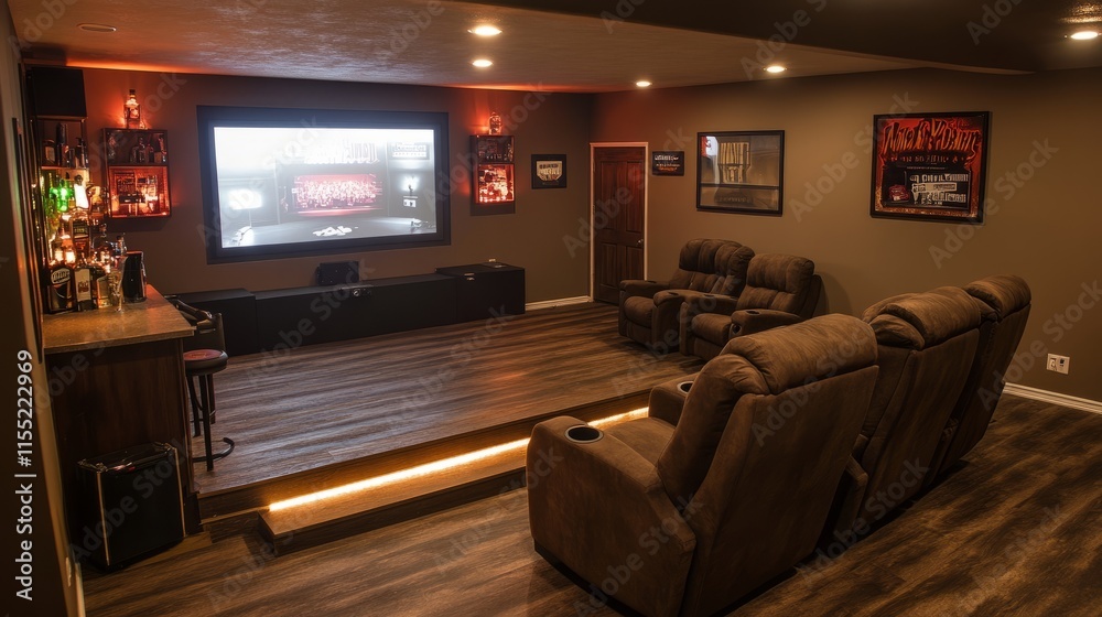 custom made wallpaper toronto digitalA cozy basement setup with a home theater, soft lighting, deep armchairs, and a mini-bar perfect for hosting friends