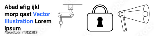 Robotic arm, padlock, and megaphone icons plus text with placeholder for main title. Ideal for technology, security, communication, automation, digital marketing innovation promotions. Landing page