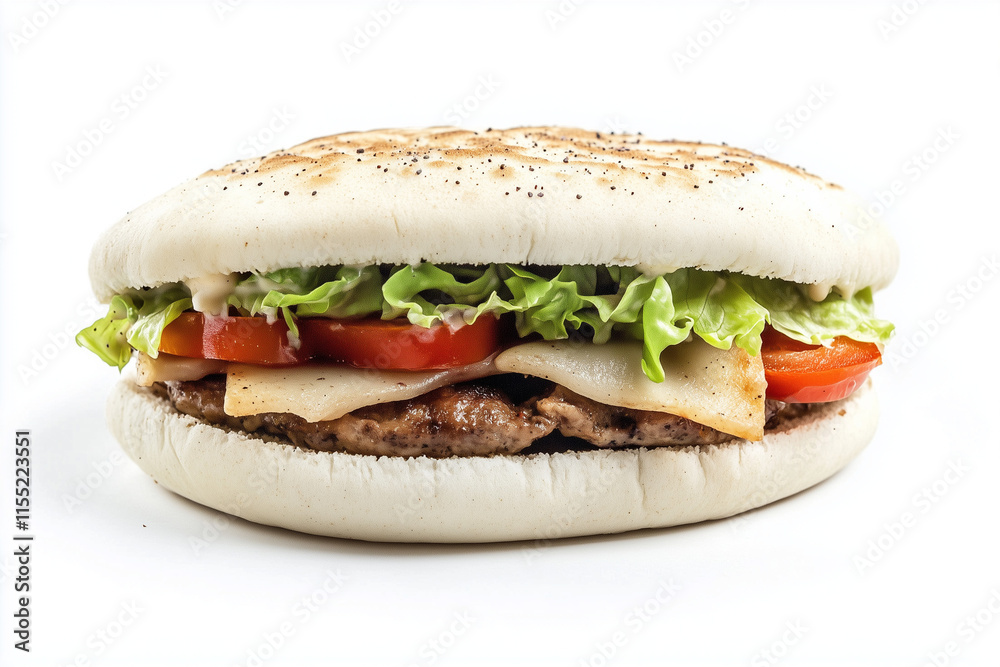 Selective focus sandwich with lettuce, tomatoes and meat isolated on white background, Close up shot sandwich with white bread on white. Selective focus sandwich with lettuce, tomatoes and meat isolated on white background, Close up shot sandwich with white bread on white.