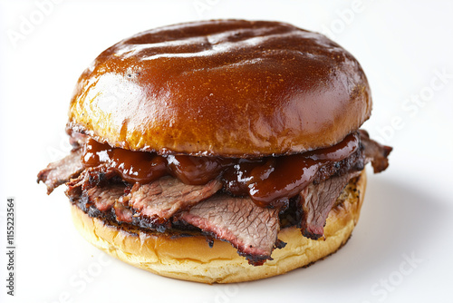 Close up shot smoked brisket burger isolated on white background, Selective focus pulled beef with burger bun on white, Smoked beef sandwich. photo