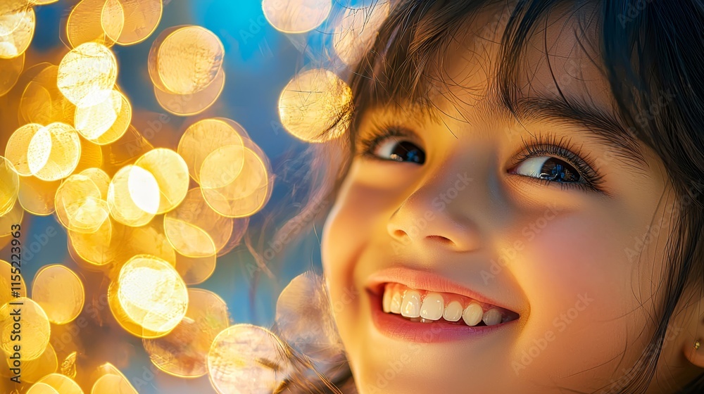Close-Up of Bright, Sparkling Eyes with a Cheerful Smile Against a Twinkling Background of Soft Lights Close-Up of Bright, Sparkling Eyes with a Cheerful Smile Against a Twinkling Background of Soft Lights
