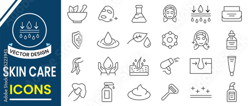 Skin care line icons, vector set.  Cosmetic cream, woman's face linear sign, symbol. Moisture cream, acid, anti wrinkle serum,  sunscreen, ceramide, collagen, retinol compound. vector illustration.
