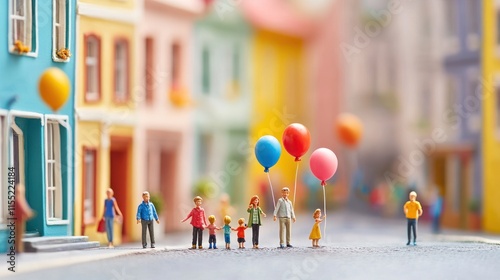 Happy family of mini people including her child carrying balloons in her hands, standing next to colorful houses on the street happily welcoming her new home