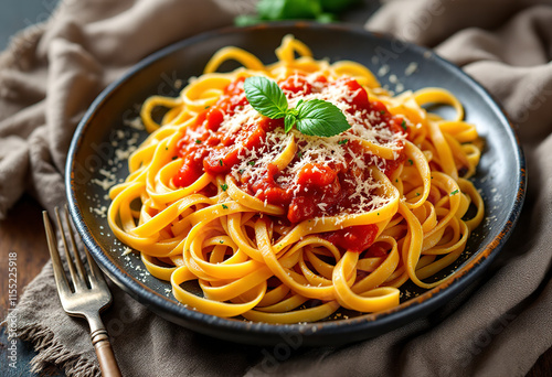 A photo of a plate of pasta tagliatelle with a tomato sauce and parmesan cheese
