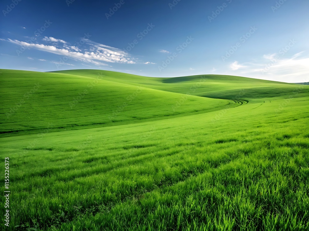 Fototapeta premium A peaceful green field under a blue sky with clouds and a distant horizon