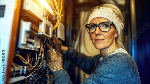 An elderly woman with glasses focuses intently on complex electrical wires, working diligently to solve problems in a setting filled with technology and expertise. photo