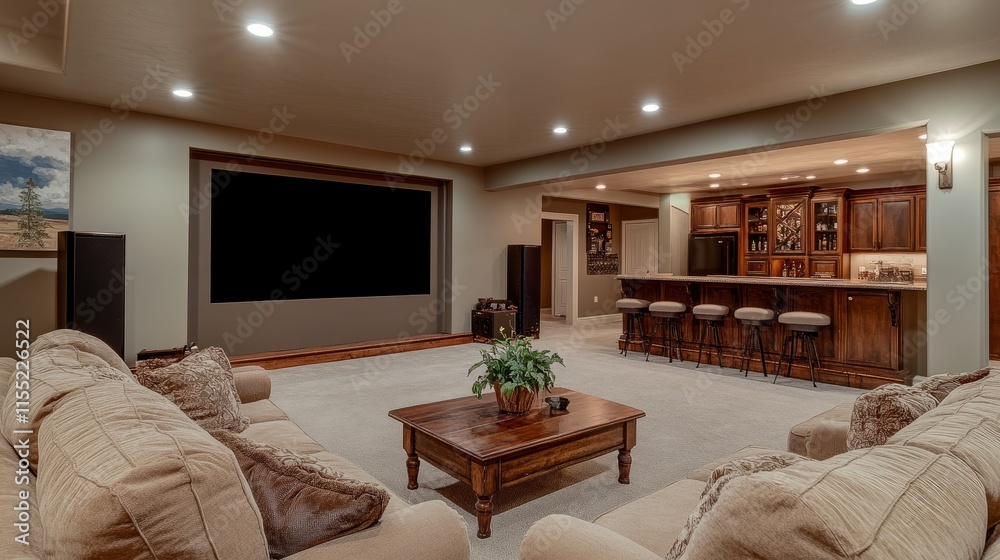 Fototapeta premium A well-designed basement entertainment area with a surround sound home theater, soft couches, and a wooden mini-bar