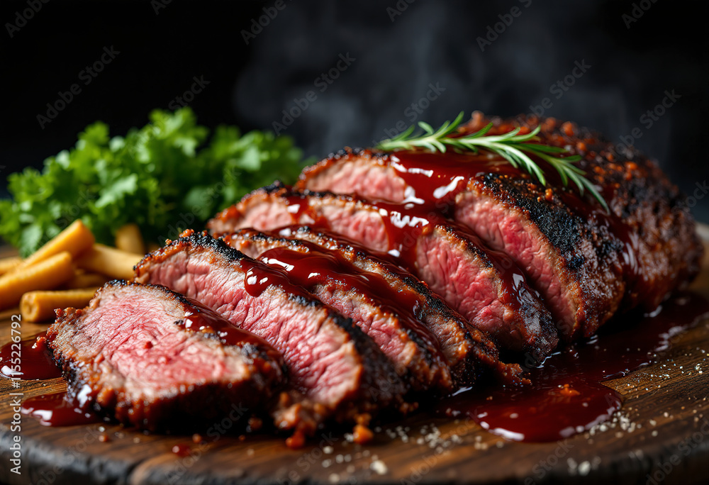 Barbeque smoked beef brisket with BBQ sauce on dark background