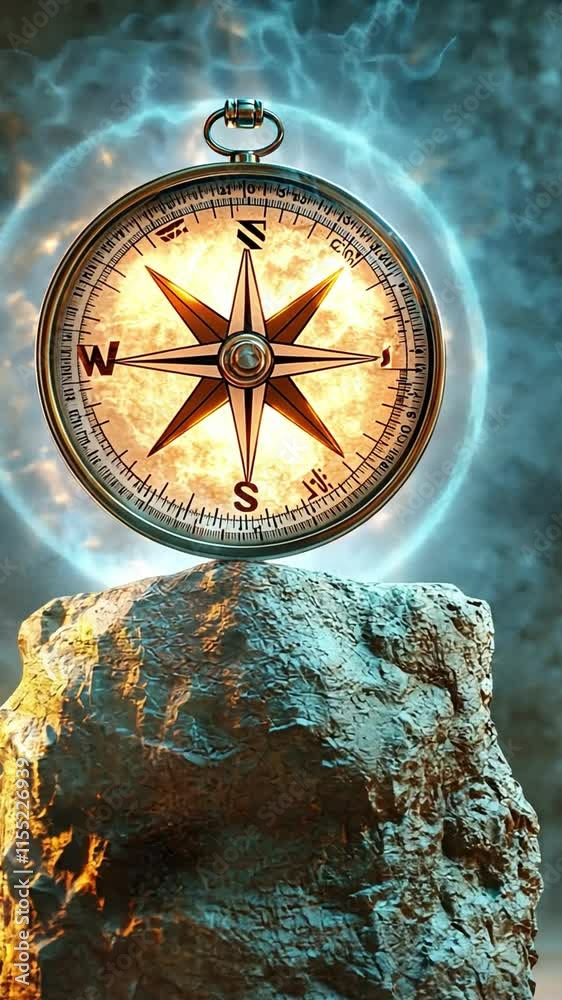 Golden compass glowing on rock, guiding light animation