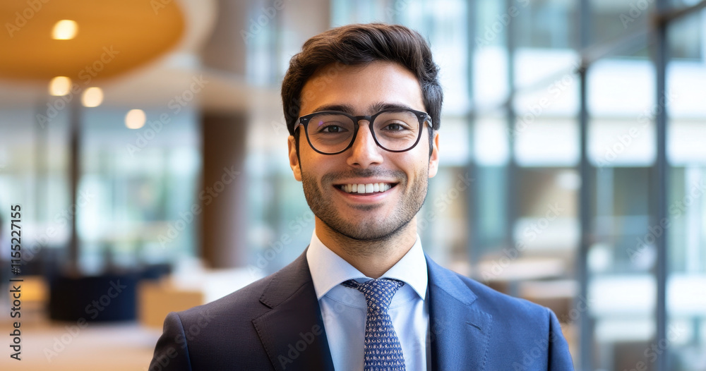 Fototapeta premium A young man dressed in a dark suit and glasses stands smiling in a bright office space filled with glass walls and contemporary decor, reflecting a positive work atmosphere.