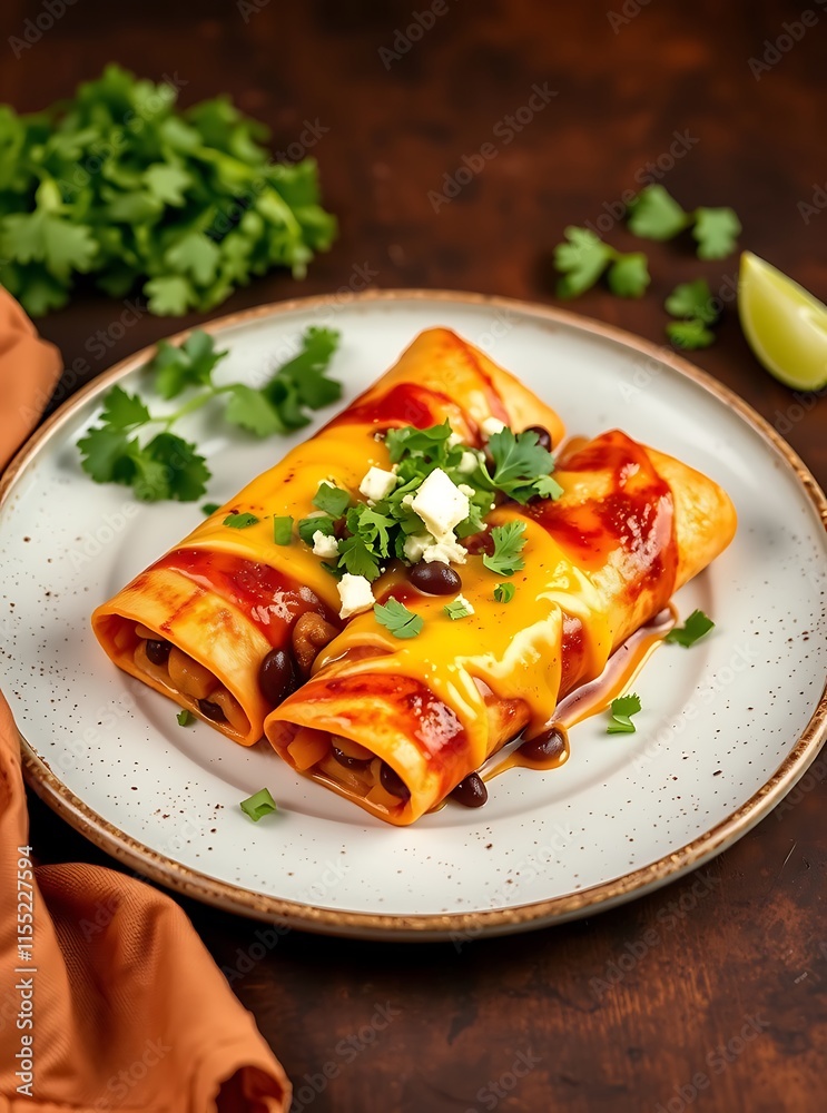 Mexican enchilada dish with sweet potatoes, corn, tomato salsa, black beans and cheese Mexican enchilada dish with sweet potatoes, corn, tomato salsa, black beans and cheese