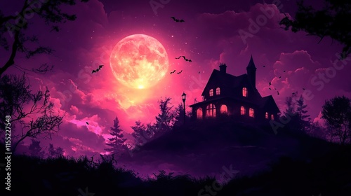 purple and black illustration of a spooky house with bats flying in the sky photo