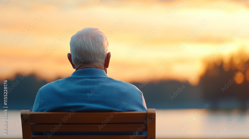 Fototapeta premium elderly man sits on bench, gazing at serene sunset over water, reflecting on life. warm colors create peaceful atmosphere.