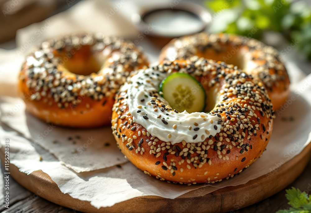 Everything bagels with seeds served with cream cheese and cucumber Everything bagels with seeds served with cream cheese and cucumber