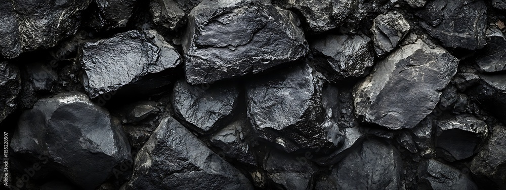 Dark, rough-textured stones piled high, creating a dramatic backdrop. Dark, rough-textured stones piled high, creating a dramatic backdrop.
