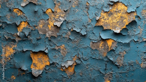 Peeling paint on metal surface, showing layers of faded blue and orange paint.