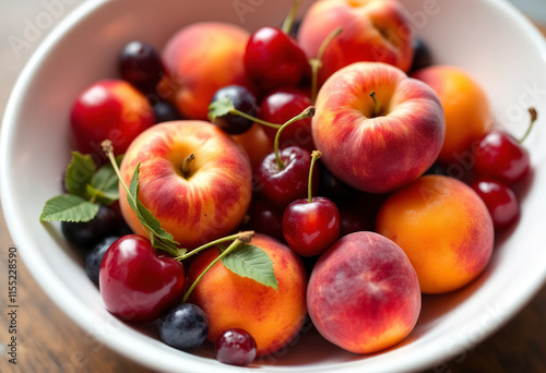 Fresh stone fruits cherries peaches plums in white bowl