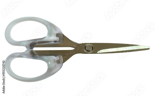 Stainless steel scissors, The handle is a clear, translucent white plastic isolated on transparent background photo