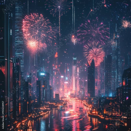 New year's eve fireworks celebration city skyline nighttime event urban environment vibrant viewpoint festive atmosphere photo