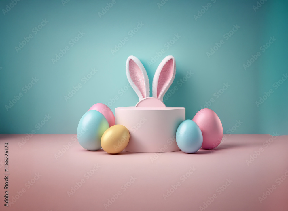 Pastel Easter eggs surround a minimalist white pedestal topped with bunny ears against a teal backdrop. A spring-themed, festive scene. Pastel Easter eggs surround a minimalist white pedestal topped with bunny ears against a teal backdrop. A spring-themed, festive scene.