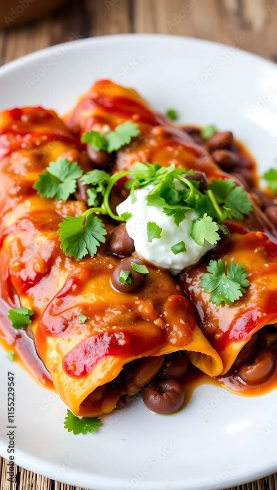 Mexican enchilada dish with sweet potatoes, corn, tomato salsa, black beans and cheese Mexican enchilada dish with sweet potatoes, corn, tomato salsa, black beans and cheese