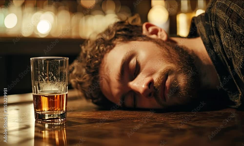 A man sleeping on the bar counter, alcohol abuse concept.